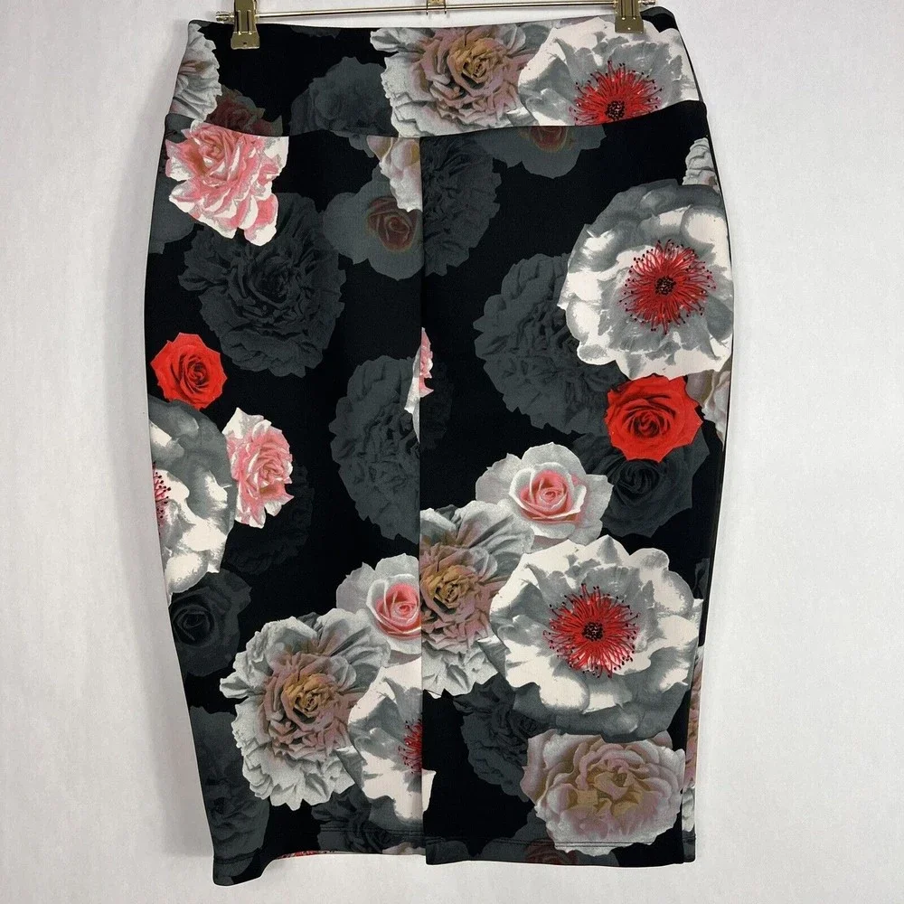 Catherine Malandrino Pencil Skirt Womens Large Black Floral High Waist Pull On